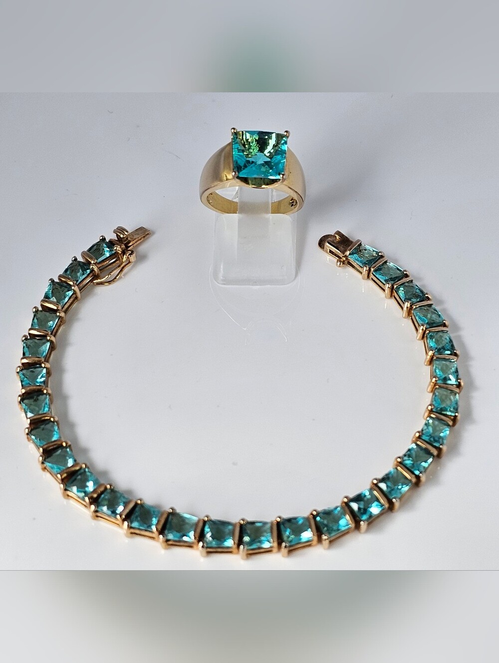 Paraiba Tourmaline Created Ring & Tennis Bracelet 14K Yellow Gold Vermeil!